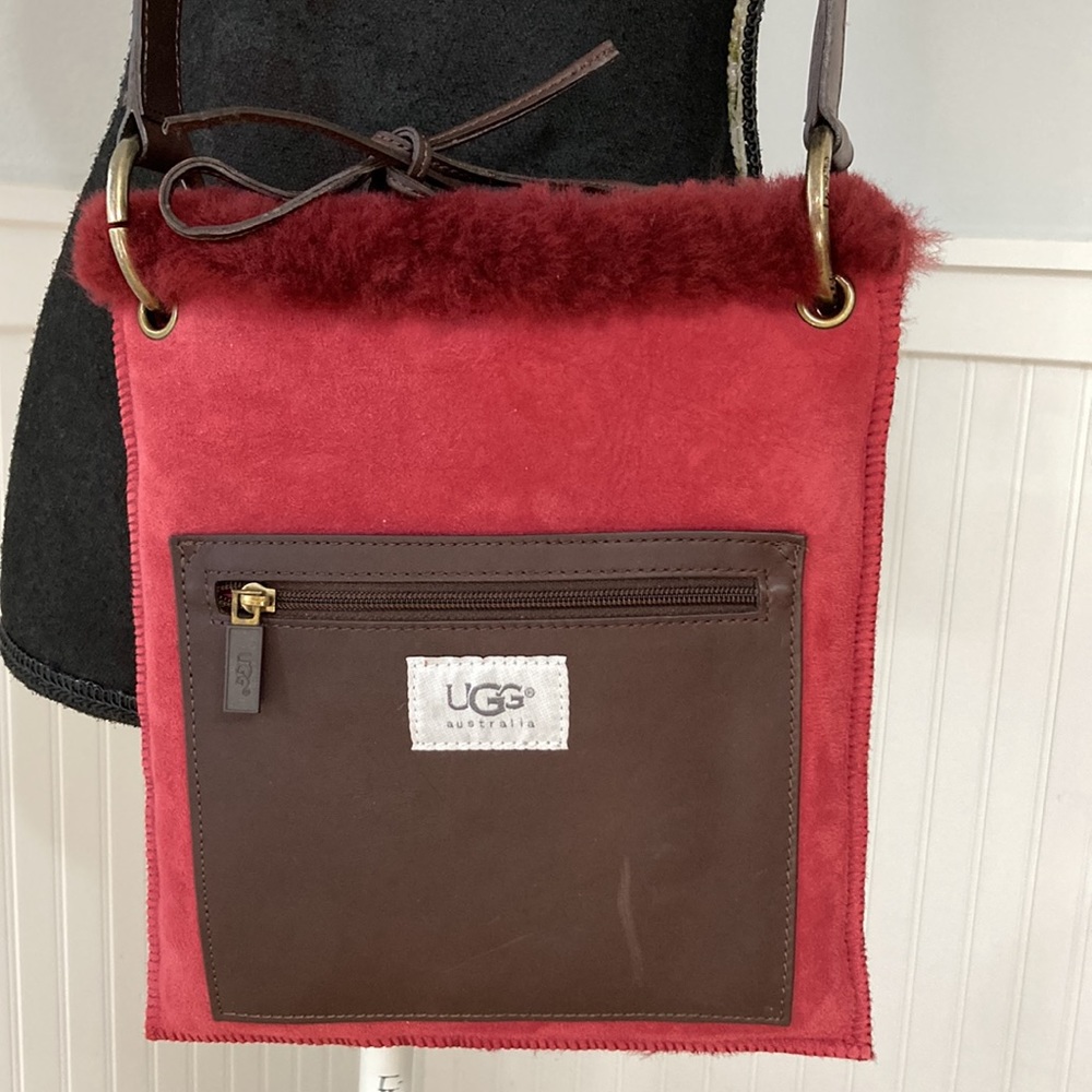 UGG Pocket Messenger  Crossbody Ruby and Brown Sheepskin and Suede EUC